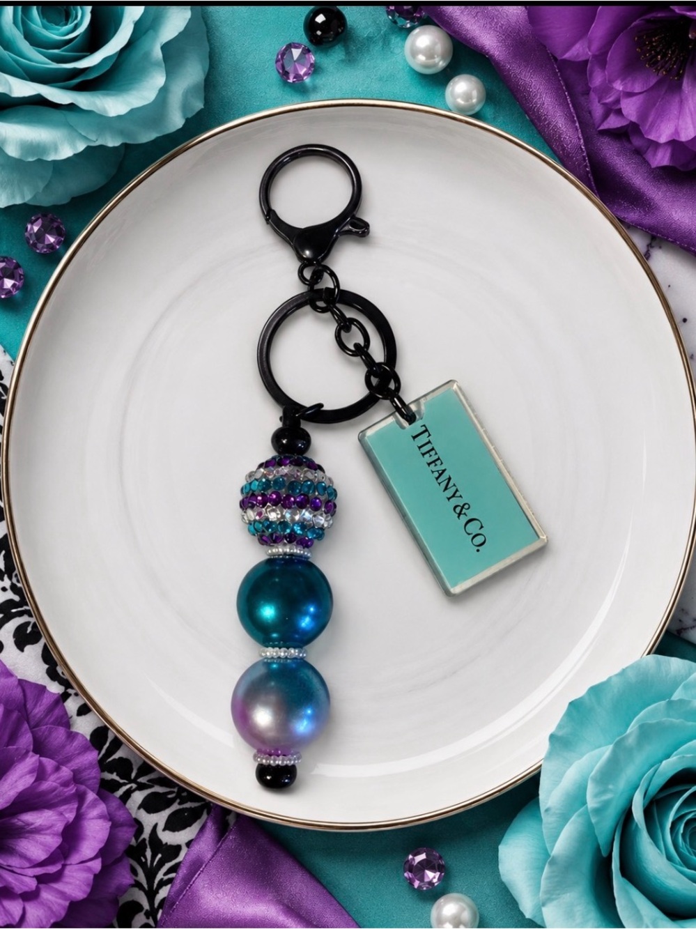 Hand Crafted Aqua & Purple Beaded Keychain with Inspired Charm